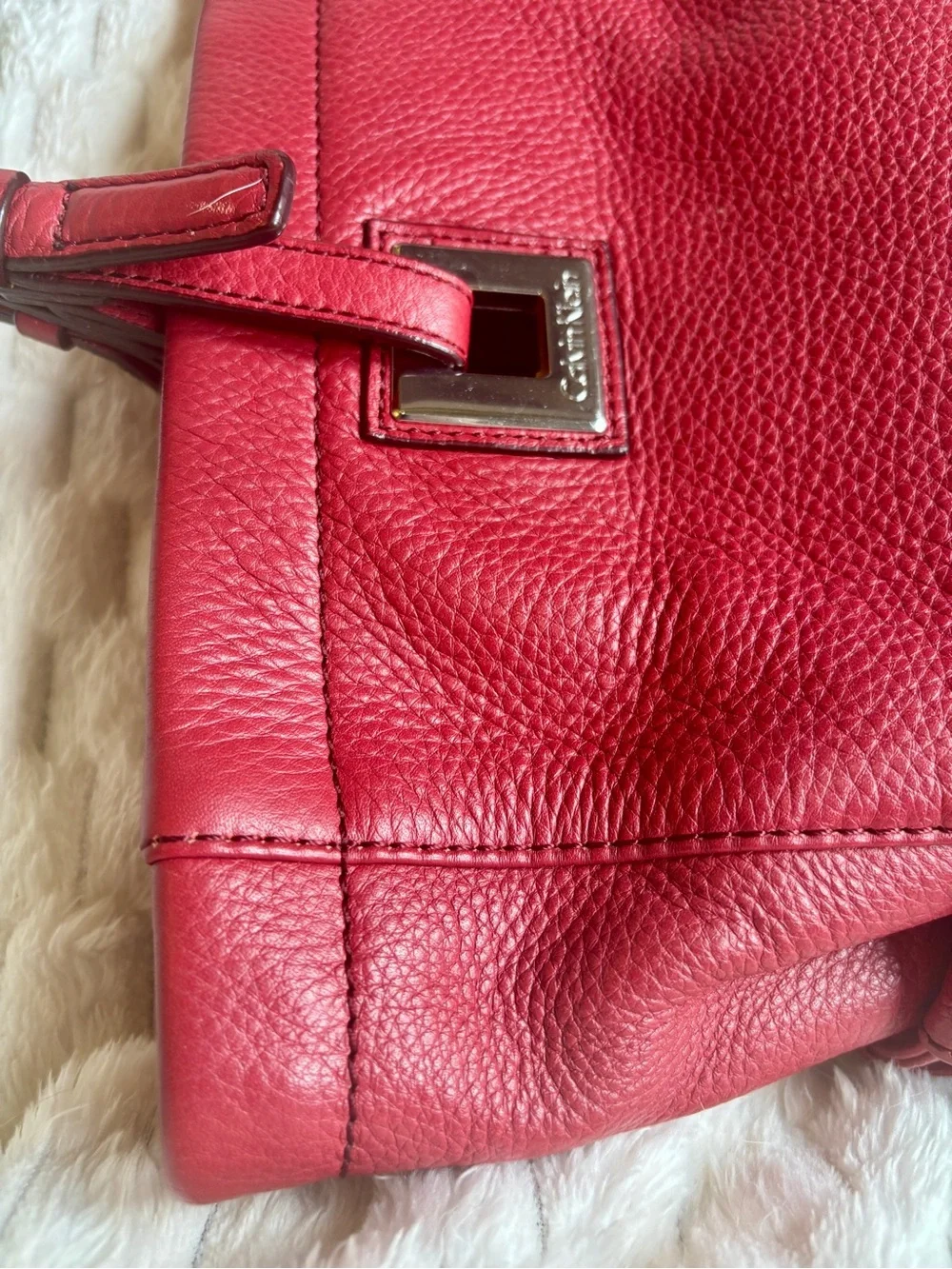 Calvin Klein Red Pebbled Leather Tote Bag Silver Hardware Excellent Condition
